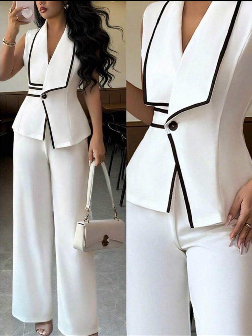 Cream Sleeveless Tailored Vest and Wide-Leg Pants Set - Picture 3 of 9